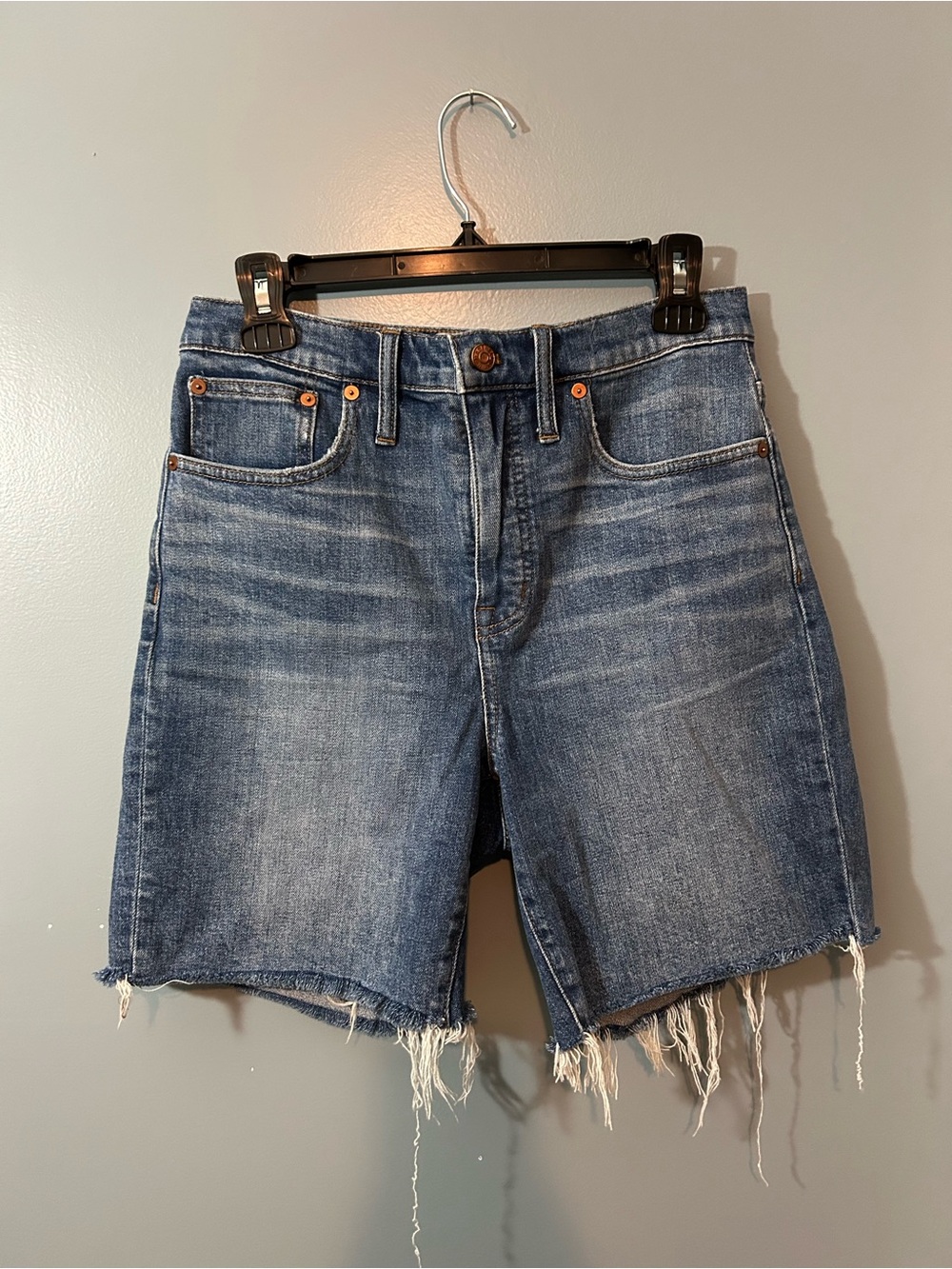 Madewell High Rise Mid-length Distressed Blue Denim Cutoff Shorts